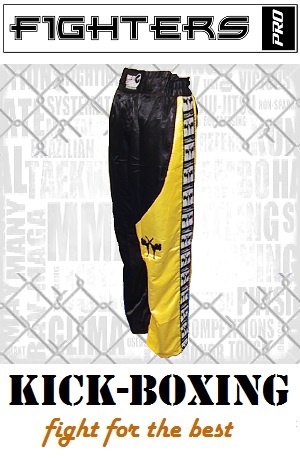 FIGHTERS - Pantaloni da Kickboxing / Raso / Nero-Giallo / XL
