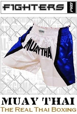 FIGHTERS - Shorts de Muay Thai / Blanc-Bleu / Small